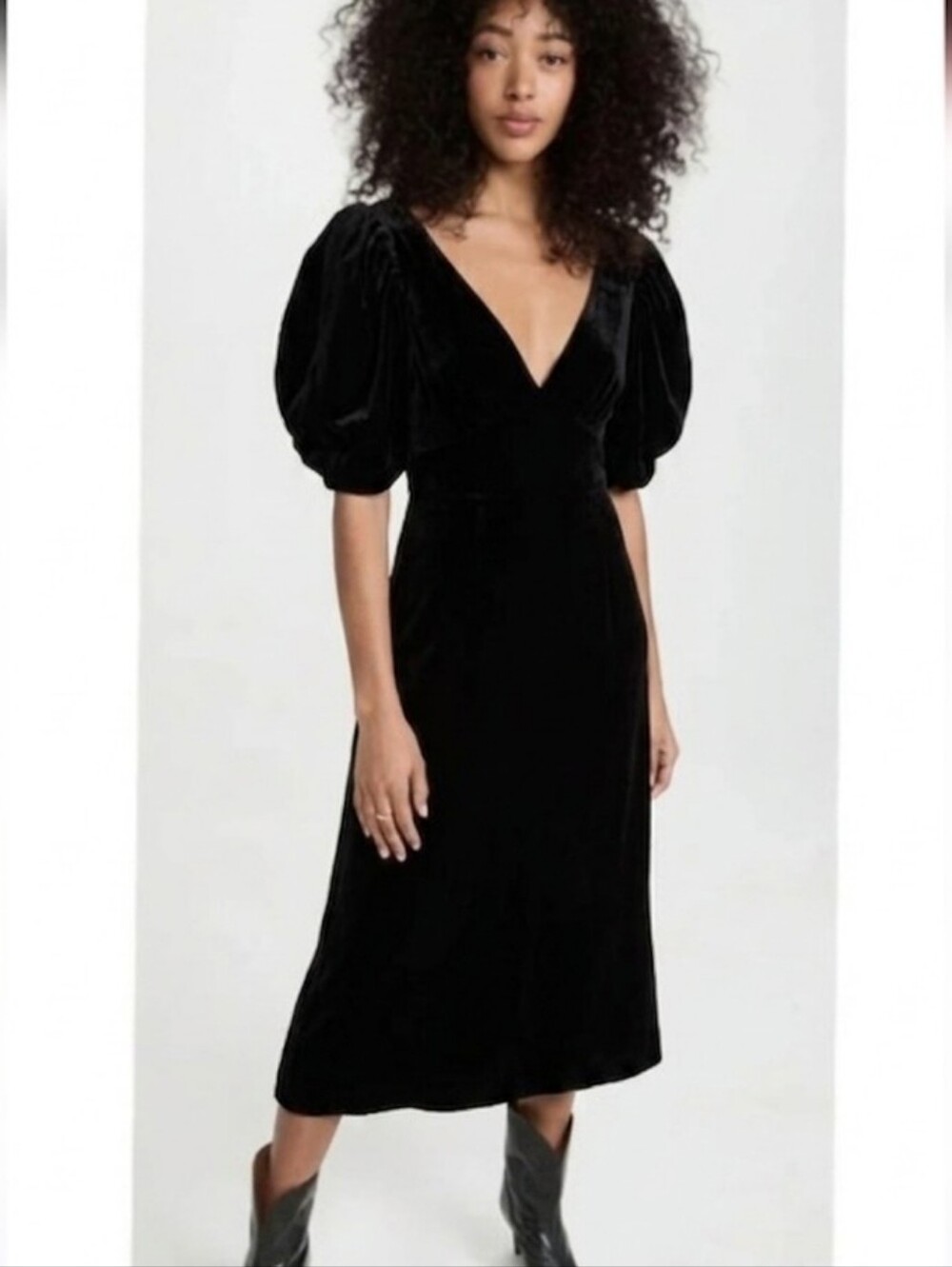 Sea Black Velvet Midi Dress with Puff Sleeves
